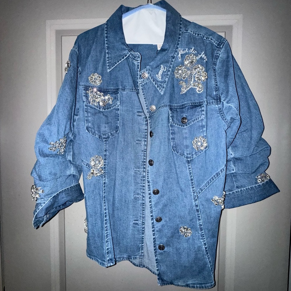 cinq a sept Embellished Light Blue Denim Jacket with Crystal Appliqués